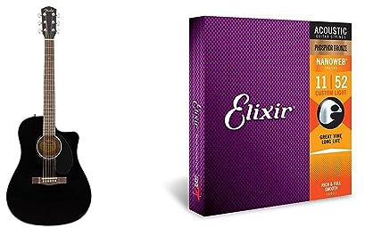 Fender CD-60SCE Dreadnought Akustikgitarre, Walnussgriffbrett, Schwarz & Elixir 16027 Saiten Phosphor Bronze Akustik-Gitarrensaiten mit NANOWEB Beschichtung, Custom Light (.011-.052)