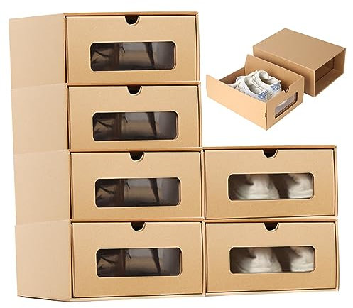 Schuhkartons aus Pappe, Schuhaufbewahrungsboxen aus Kraftpapier, 6 Stück, stapelbare Schuhkartons, 35 x 23 x 13,5 cm, faltbarer Schuhkarton mit Deckel für Versandkartons