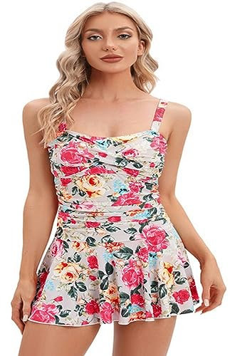 NOGRAX Costume Intero da Donna Costume da Bagno Intero da Donna con Stampa Floreale Taglie Forti Modellante-Fiore di Rosa Stampato-XXL