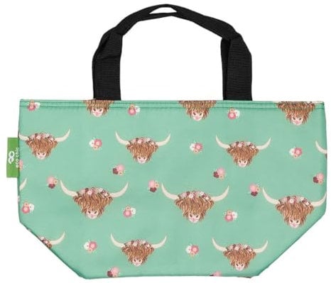 ECO CHIC Lightweight Foldable Insulated Lunch Bag Water Resistant Cooler Bag (Floral Highland Cow Green)