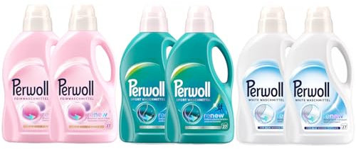 PERWOLL Flüssig-Set 6x 27 Waschladungen (162WL) 2x Für Wolle & Feines & 2x Sport & 2x White, Feinwaschmittel-Set mit Dreifach-Renew-Technologie & Hygiene Waschmittel entfernt schlechte Gerüche
