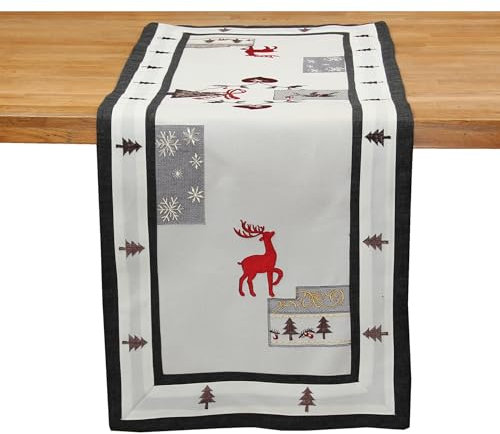 Tischläufer mit Weihnachtsmotiv – Rentier, Hirsch & Schneeflocken in Leinen-Optik, Polyester, 43 x 170 cm, ideal für Festtafel & Deko