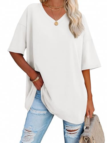 ATHMILE Womens Oversized Shirts V Neck Plus Size Spring Workout Summer Tops Beach Vacation 2026 Gym Clothes Basic Tee White