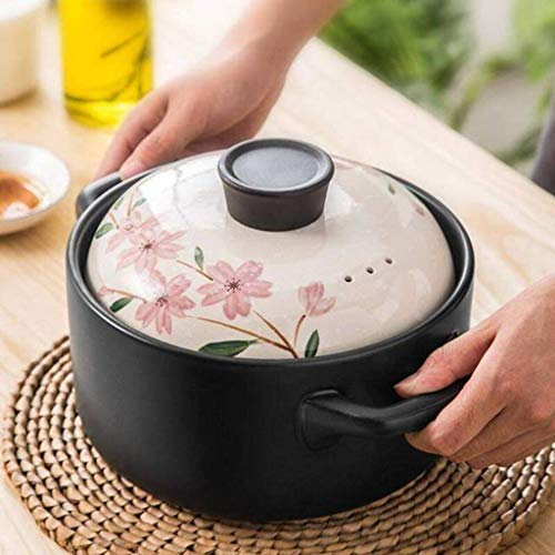 Japanischer Sakural-Keramik-Auflauf, Tontopf, isolierter Auflauf, hitzebeständiger runder Keramik-Hot Pot mit Deckel, Doppelgriff, irdener Topf für Eintopf, A, 4,8 l, A.
