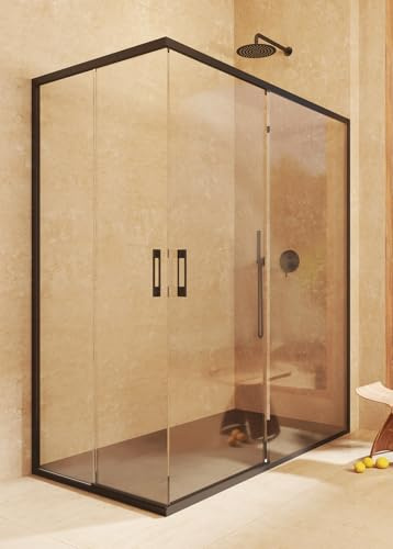 Mampara Rectangular REVERSIBLE 77,5-80 x 117,5-120cm - H= 195cm, Negro | Mampara Angular (corredera + fijo) + (corredera + fijo) , sin perfil inferior, Vidrio de seguridad 6mm tratamiento antical