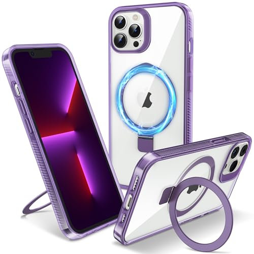 Flyzoo Magnetic Kickstand Case for iPhone 13 Pro Max, [Compatible with MagSafe & Invisible Ring Stand Holder] [Non-Yellowing & Shockproof] Transparent Hard Silicone Edge Cover, 6.7'', Clear Purple