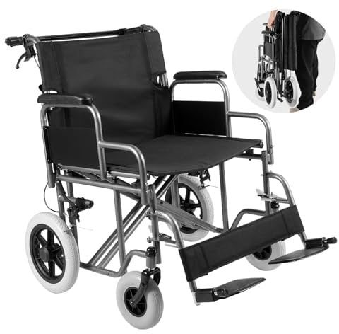 VEVOR Fauteuil roulant acier au carbone, chaise de transport pliable avec accoudoir amovible, frein autobloquant, siège large 60 cm, capacité de charge 136 kg, pour personnes handicapées âgées adultes