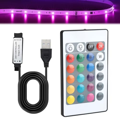 5V 24 Keys USB IR RGB Strip Wireless Remote Controller for 5050 3528 RGB LED Light Strips, USB Powered, Adjustable Brightness, 16 Colors 5 Light Modes 5V LED Strips for Home, TV, and DIY Lighting