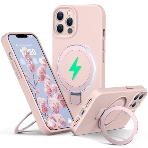 PuyaTeya Liquid Silicone Case for iPhone 13 pro with Magnetic Ring Stand, Upgraded camera lens protection, Mil-Grade Drop Shockproof, Anti-Scratch Microfiber Lining Silicone Case(Pink)