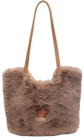 CORIOS Damen Plüsch Schultertasche Flauschige Tasche Niedlich Flauschige Handtasche Große Kapazität Einkaufstaschen Retro Henkeltaschen Elegant Tragetasche Herbst und Winter Tote Beutel Braun