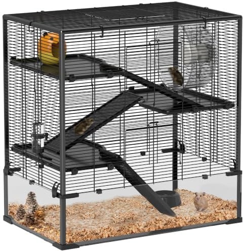 PawHut Hamster Cage 23cm Tempered Glass Bottom for Rats 78.5 x 48.5 x 80cm | 4 Tier Large Hamster Tank, Hut, Running Wheel, Platforms, Ramps, Food Dish, Water Bottle, for Dwarf, Gerbils
