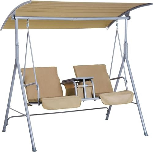 VNSMM Altalena da Giardino Altalena da Veranda per 2 Persone con Supporto, Altalena da Esterno con baldacchino, Tavolo Girevole portaoggetti, Cuscini per Patio Copri Dondolo(Beige)