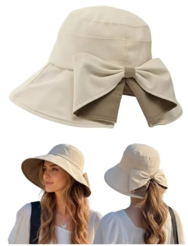 Chapeau de Soleil à Large Bord pour Femme UPF50+ UV Pliable Chapeau de Plage d'été avec nœud décoratif pour Voyage, Beige, Taille Unique