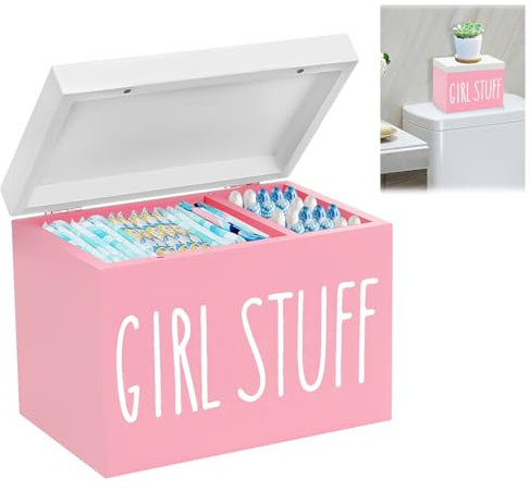 Les-Theresa Tampon Holder For Bathroom, Period Organiser Box Wood Sanitary Towel Storage Box, Sanitary Pad Storage With Lid Cotton Pad Dispenser Feminine Products Organiser (Pink)