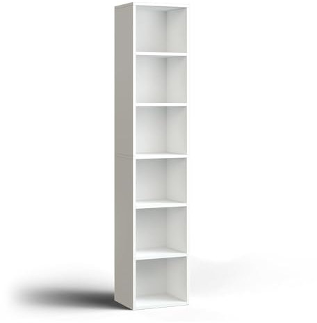 Nordivale Bookcase 6-Tier White Tall Narrow Bookshelf and Bookshelves Floor Standing Display Storage Shelves Rack Tall Cube Storage Shelving Unit for Home Office, Living Room and Bedroom, 1 Pack