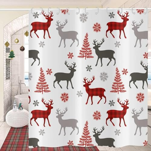 GCIREC Weihnachten Dusche Vorhang, 120x200cm, Büffel Check Plaid Elch Xmas Tree Winter Snowflake Bad Vorhang für Badewanne Home Decor wasserdicht Stoff Maschine waschbar mit Häkchen