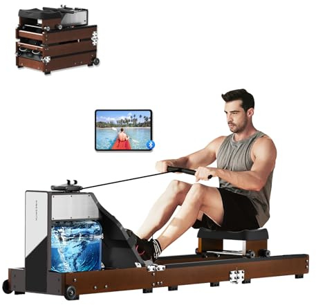 Rudergerät Faltbar, für das Fitnessstudio zu Hause, Rudergerät für Krafttraining, Wasserbeständigkeit und Magnetwiderstand, Dreifach Faltbar, Kompatibel mit App, Walnussholz