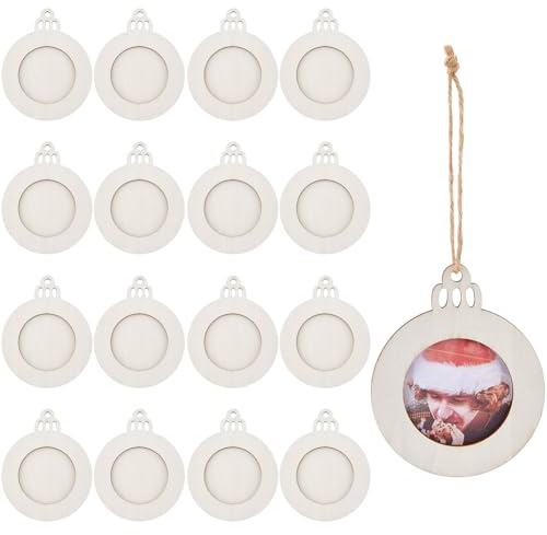 SUPERFINDINGS Juego de 16 adornos de madera para fotos navideñas, sin terminar, personalizables, para colgar fotos de Navidad, marcos de adornos, decoración de bricolaje, adornos de fotos de madera