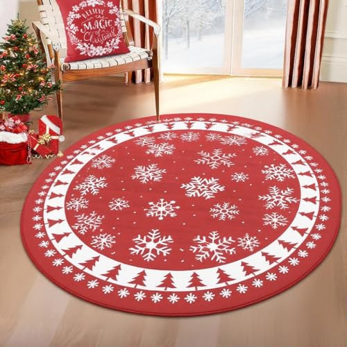 Hollyfield Weihnachten Teppich, Maschinenwaschbar, Schneeflocken und Weihnachtsbaum Weihnachten Teppich, rutschfest, Weich, Niedriger Flor, Dekorativer Für Feiertage, Faltbar, Fusselfrei