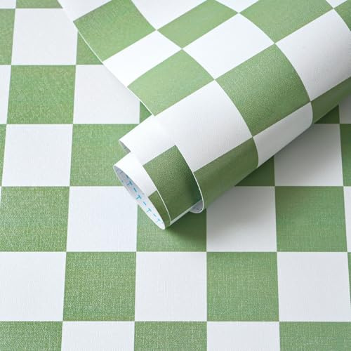 Yomshi Self Adhesive Wallpaper Boho Contact Paper 44 x 300 cm Green Plaid Vinyl Wallpaper for Drawer Bedroom Living Room Waterproof Renter Friendly Textured