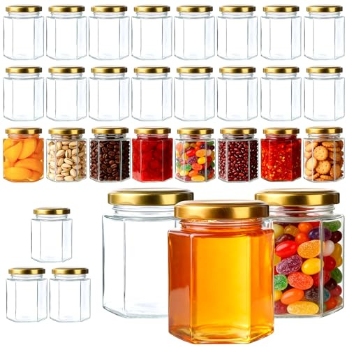 YBCPACK 180ml 30 Pack Glass Jam Jars with Gold Lids, 6oz Mini honey jars | Preserving Jars for Storage with Screw Top, Reusable Small Marmalade Jars for Jam, Honey, Spices, Chutney