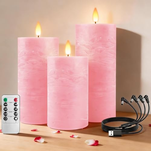 RosMank 3er Set LED-Kerzen, mit 10-Tasten-Fernbedienung, Flammenlos, aus Echtem Wachs, Dekoration für Weihnachten, Geburtstag, Hochzeit und Party (Rosa)