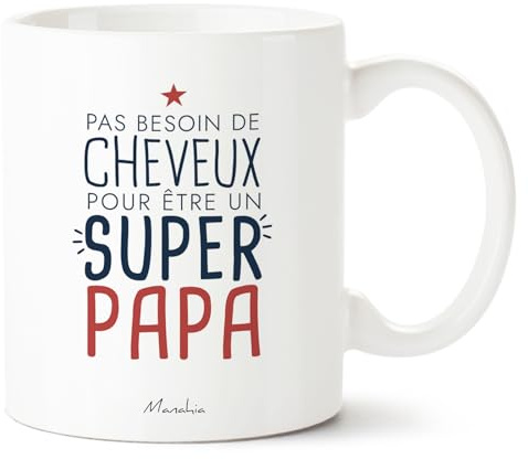 Manahia - Mug Papa Chauve - Cadeau Amusant Fête des Pères & Anniversaire | Pas besoin de cheveux pour être un super papa - Tasse homme drôle, Noël, humour - Boîte cadeau kraft - Imprimée en France