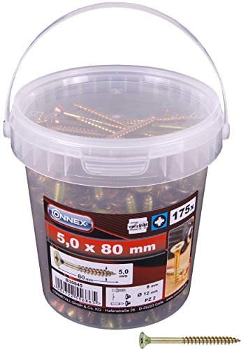 Connex Universalschrauben 5,0 x 80 mm - 175 Stück im Set - Senkkopf - PZ Pozidriv-Antrieb - Teilgewinde - Gelb verzinkt / Schrauben-Set / Schrauben-Eimer / B30045, 5,0 x 80 mm (175 Stück)