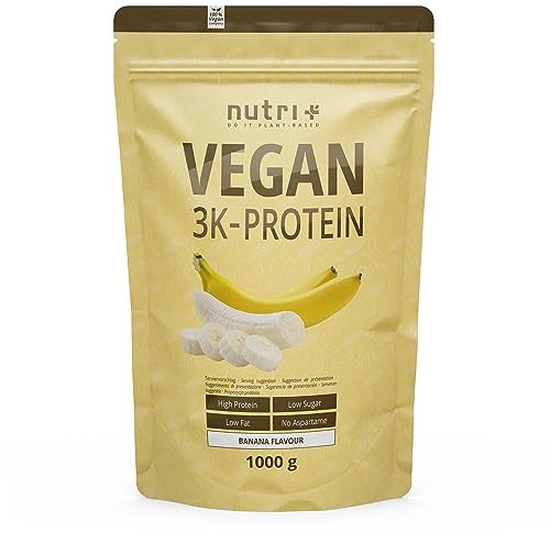 Nutri + Protéine en poudre végétalienne Banane 1kg 83% Protéine d'origine végétale 3k Shakes protéinés végétaliens sans lactose 1000 - protéines de pois, soja et tournesol