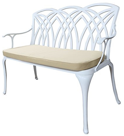 Lazy Susan April Gartenbank in Weiß, Beige Sitzkissen | Sandguss-Aluminium | Wetterfest | Rostfrei | Wartungsarm | 3 Jahre Garantie