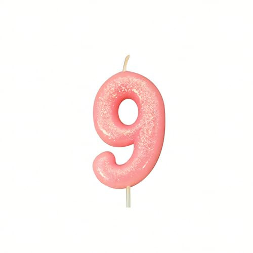 Anniversary House AHC80/9 Bunte rosa Glitzer-Kerze, Zahl 9, Tortenaufsatz zum 9. Geburtstag, 7 cm