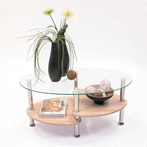 Homely - Mesa de Centro - Ainara | Mesita de Cristal con Revistero | Mesa para Salón, Comedor, Sala de Estar | Revistero de Madera | Cristal Ovalado | Color Roble | 90x55 cm