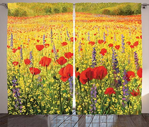 ABAKUHAUS Blume Rustikaler Gardine, Feld mit Mohnblumen Farm, Schlafzimmer Kräuselband Vorhang mit Schlaufen und Haken, 280 x 225 cm, Scharlachrot Gelb