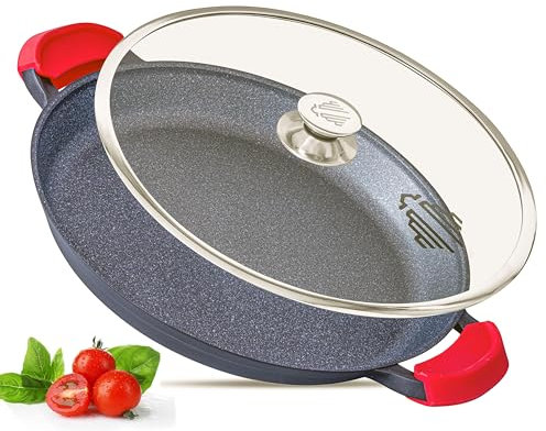 Paella Pan | Glass Lid |Non-Stick | Anti Scratch | Removable Silicone Handles | Ceramic Coating Chemical Free | Induction & Oven Safe | Heavy-Duty | Stainless-Steel Base (Black, 32 CM)