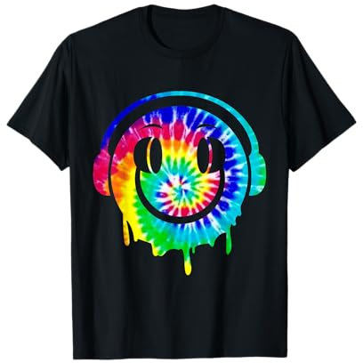 Tie Dye Melting DJ Smiling Face Headphones EDM Rave Party T-Shirt