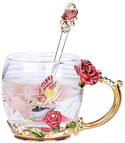XuanMax Rosso Rose Fiori Tazzine da Caffè in Smalto con Cucchiaio Farfalla Bicchiere di Cristallo Tazza da Tè Fatti a Mano Senza Piombo Tazze di Vetro Trasparente Boccale da Colazione - Corto