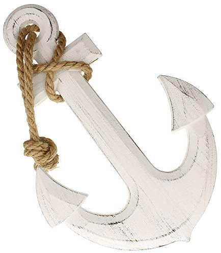 ANEWSIR MACOSA CP78017 Deko-Anker Holz mit Tau Weiß zum Aufhängen Shabby Chic Holzanker Badezimmer-Dekoration Wandanker Bootsanker Wanddeko Maritim Bad