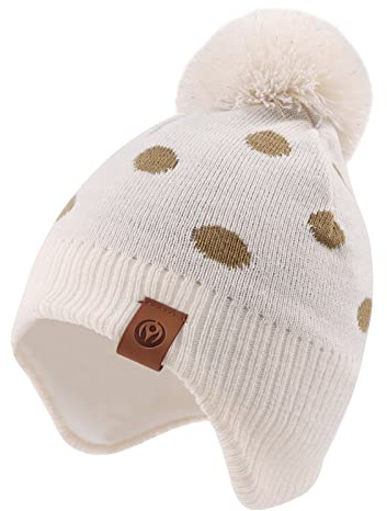 XIAOHAWANG Gestrickte Babymütze, Winter, warme Mütze mit Fleecefutter für Jungen, Mädchen, mit Bommel, 9-24 Months