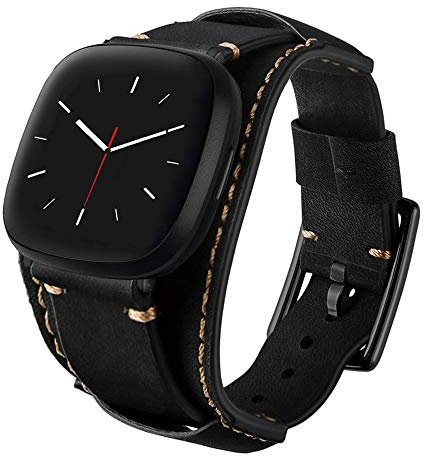 Leotop kompatibel mit Fitbit Sense/Versa 3 Bändern Original Leder Manschettenband Ersatzriemen mit Edelstahlverschluss Kompatibel mit Fitbit Versa 3 Sense Zubehör Männer Frauen(Schwarz)