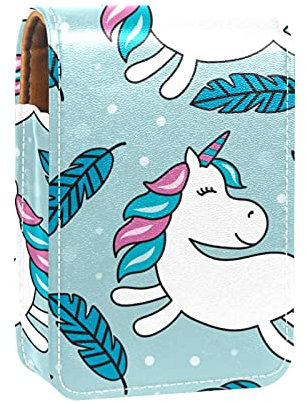 Lippenstift-Etui mit Spiegel, weißes Einhorn-Feder, hellblau, Lipgloss-Halter, tragbare Lippenstift-Aufbewahrungsbox, Reise-Make-up-Tasche, Mini-Leder-Kosmetiktasche, hält 3 Lippenstifte, Mehrfarbig,