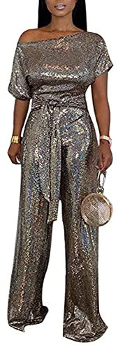 Damen Jumpsuit mit weitem Bein, kurze Ärmel, Glitzer-Pailletten, Overall, schulterfrei, weites Bein, Overall, Spielanzug, gold, 32-34
