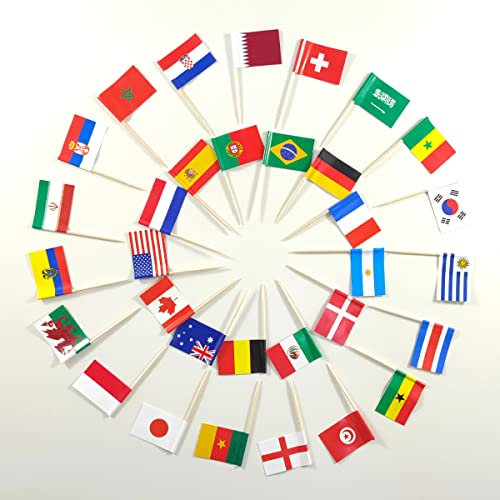 JBCD 2022 World Cup Toothpick Flag Mini Small World Cup Top 32 Soccer Cupcake Topper Flags (96 pcs)