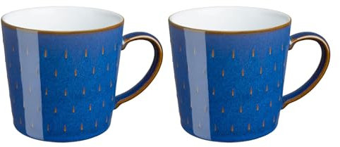 Denby - Imperial Blue Patterned Coffee Mug Set of 2-400ml Large Stoneware Ceramic Cascade Tea Mug Set for Home & Office - Dishwasher Safe, Microwave Safe - Blue, White, Brown - Chip Resistant