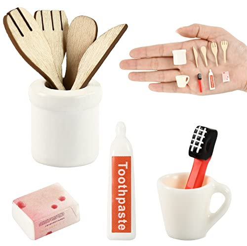 EKKONG 9 Stück Miniatur Zubehör, Miniatur Wichtel Zubehör, Miniatur Puppenhaus Set, Miniatur Zahnbürste Zahnpasta Tasse Seife Backen Zubehör, Weihnachten Puppenhaus Zubehör