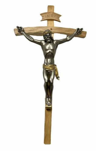 Artissimo Wandkreuz Kruzifix aus Holz mit Jesus Figur aus Kunststein Handbemahlt Silber 45x23 cm Kruzifix Jesus Christus Holzkreuz Jesus am Kreuz SCC6 Holz