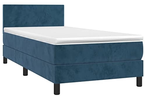 vidaXL Boxspringbett mit Matratze LED Polsterbett Bett Einzelbett Bettrahmen Bettgestell Lattenrost Hotelbett Schlafzimmerbett Dunkelblau 90x200cm Samt