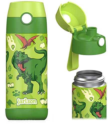 Jarlson® Mali Children's Water Bottle, Thermal Stainless Steel Water Bottle, BPA-Free, Leak-Proof, Children's Bottle with Chug Lid, Bottle for School, Nursery (Dinosaur 'Star', 350 ml)