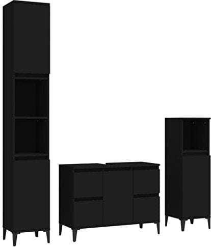vidaXL Badmöbel Set 3-TLG., Badschrank Metallfüße, Badezimmer Unterschrank Hochschrank Midischrank, Badezimmermöbel, Schwarz Holzwerkstoff