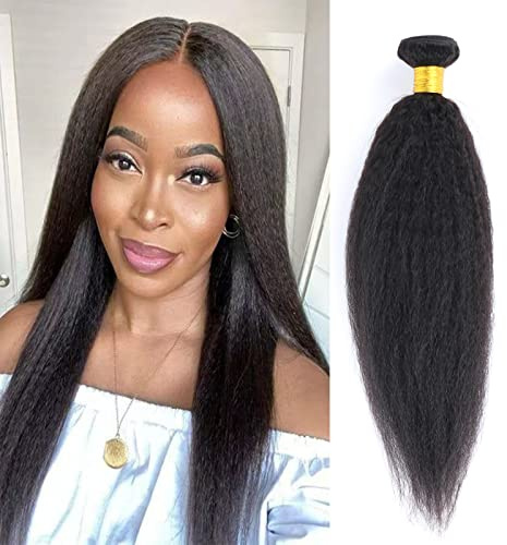 Kinky Straight Human Hair 1 Bundles Natural Black ,Yaki Straigh Brazilian Virgin Remy Hair, Grade 10A 100% Unprocessed Kinky Straight Human Hair Extensions (16 Inch, Single Bundle)