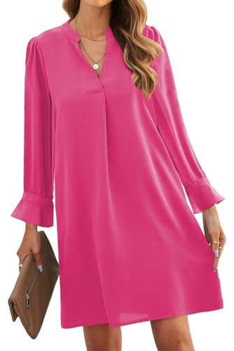 ANFTFH Robe chemise élégante pour femme - Col en V - Manches mi-longues - Décontractée - Couleur unie - Robe mi-longue - Robe décontractée - Robe tendance, 3-rose, L